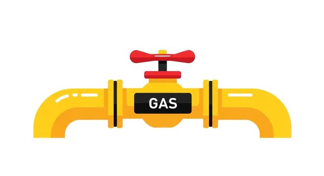Gas pipeline and control valve vector illustration. Yellow industrial pipe featuring a red shutoff handle and black label. Flat graphic design element for energy and utility projects