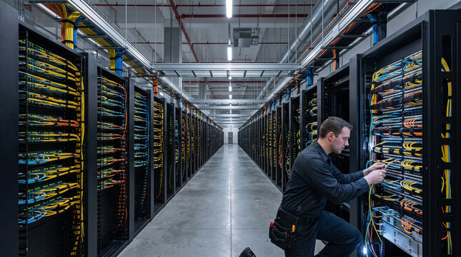 Technician organizing fiber optic cables in server room