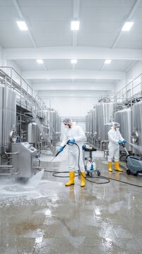 Professional sanitization in a modern industrial facility, two workers in full protective gear meticulously clean large stainless steel vats using high-pressure washers.