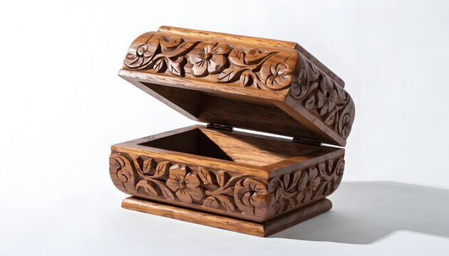 Handcrafted wooden jewelry box with floral carving stands open on a white background.
