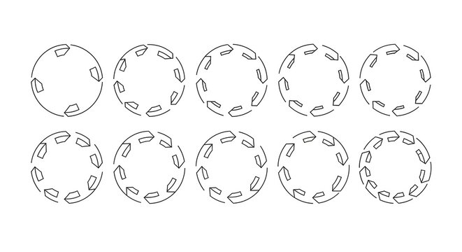Circular arrow icons set containing clockwise loops and curved indicators. Featuring ten distinct ring designs for process flow diagrams and continuous cycle infographics. Minimalist black line art