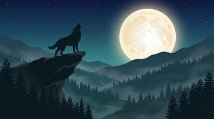 Fototapeta premium Minimalist flat vector illustration of a howling wolf silhouette standing on a rocky cliff under a huge full moon in a misty pine forest valley.