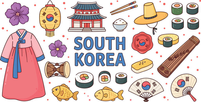 Traditional South Korea Cultural Elements Clipart Vector Set Featuring Hanbok Dress Pagoda Kimbap Lantern Fan Gat Hat and Gayageum Instruments for Travel Designs