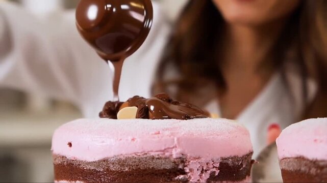 Pastry chef pouring hot chocolate ganache glaze over sweet layered pink mousse cake with sponge