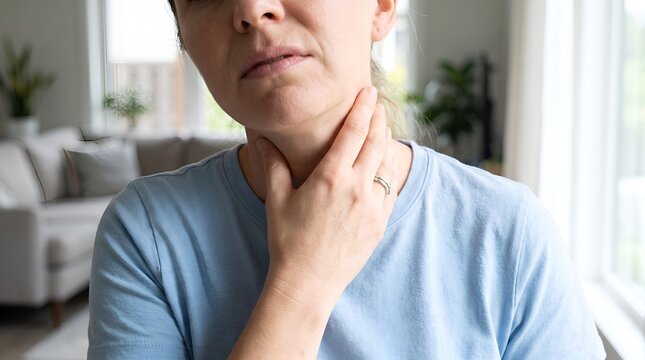 Woman Touching Her Neck Experiencing Sore Throat or Pain