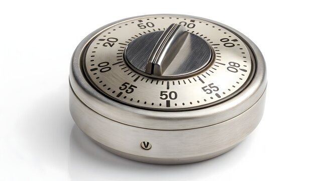 Stainless steel mechanical kitchen timer rests on a white background.