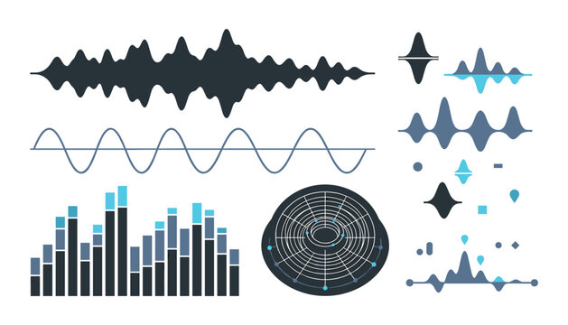 Audio sound wave vector set with digital music equalizer bars frequency signal graph sine waveform and futuristic circular radar interface UI element graphics.