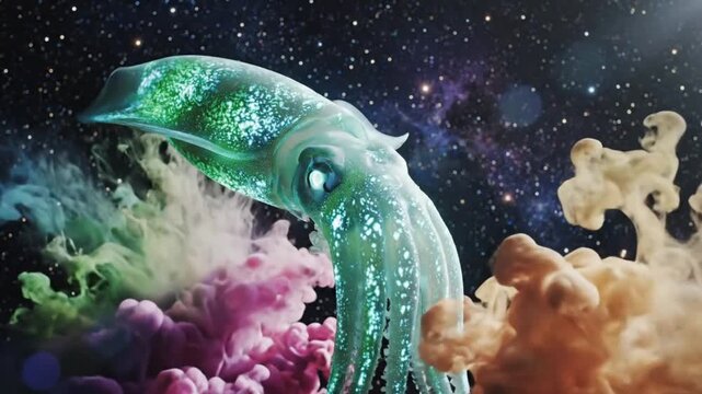 Surreal artistic depiction of a glowing squid creature in space with colorful nebulas and dreamy cosmic visuals