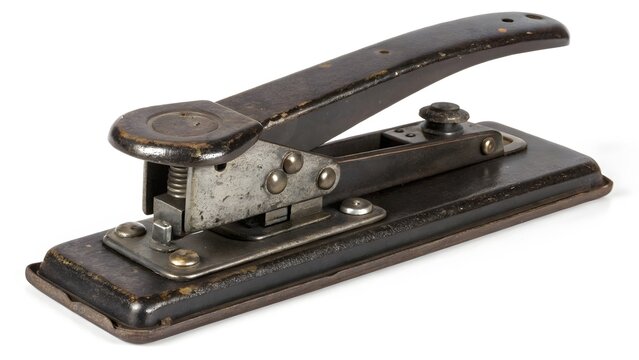 Vintage metal stapler with distressed black finish rests against a white background.