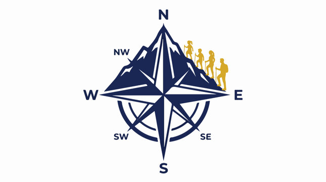 A modern flat logo design of a compass rose where the north needle transforms into a mountain peak, with small stylized silhouettes of a family of four climbing upward. Uses navy blue, mustard