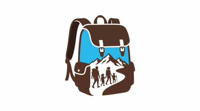A flat vector logo of a hiking backpack silhouette with a cutout of a family walking in a mountain landscape visible inside the backpack shape. Dark brown and sky blue colors. trace optimized,