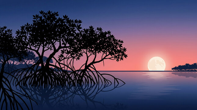 Minimalist flat vector illustration of a silhouetted mangrove tree forest on a calm coastal bay during a vibrant pink and purple sunset.