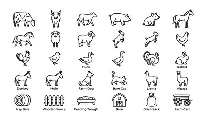 Fototapeta premium Farm Animal Vector Icon Collection with Cow, Pig, Horse, Sheep, Goat, Chicken, Donkey, Llama, Barn, and Farming Elements Line Set