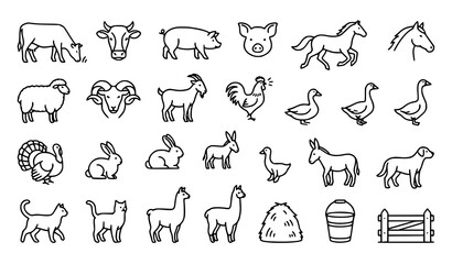 Fototapeta premium Vector Barnyard Icon Collection with Cow, Pig, Horse, Sheep, Goat, Chicken, Duck, Rabbit, and Farm Animals Line Set for Agriculture Designs
