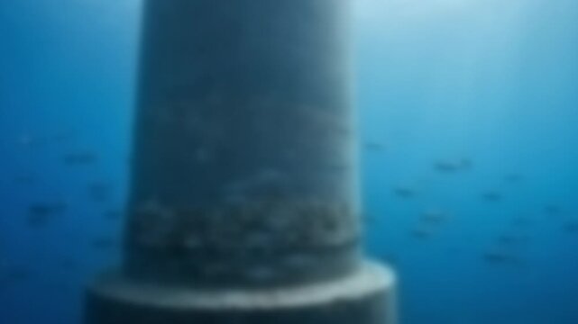 Underwater view of an offshore wind turbine base with fish, Full Gaussian Blur Abstract