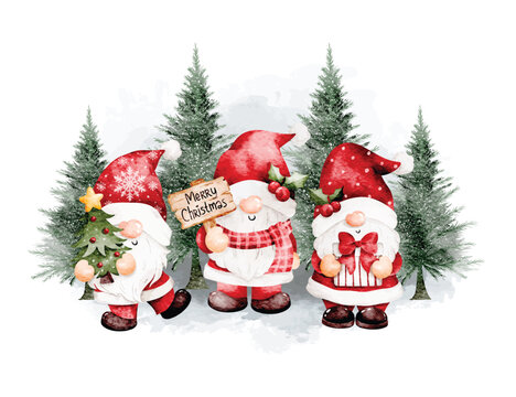 Watercolor Illustration of Christmas Gnomes and Frozen Tree in Winter