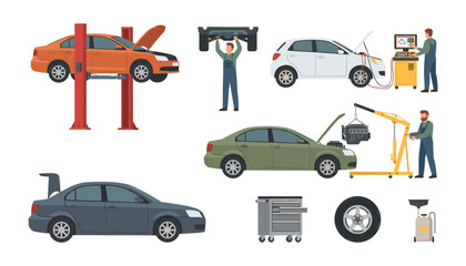 Naklejka premium Car Service and Auto Repair Shop Vector Illustration Set Featuring Mechanics Fixing Engines Conducting Diagnostics Using Hydraulic Lift And Maintenance Tools