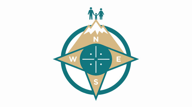 A compass rose where the north needle transforms into a mountain peak with a family of three standing at the top. Symmetrical and balanced design. Colors: Deep teal, sand, and white. Clear flat