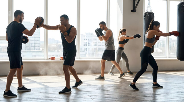 Group boxing class training in a modern gym.