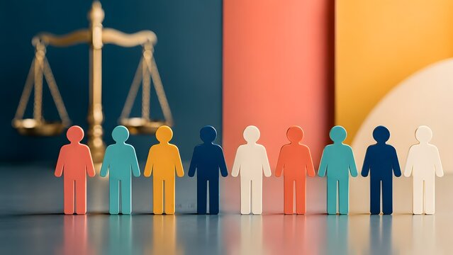 Diversity Equality And Inclusion Concept With Gold Scale Of Justice And Colorful People Figures