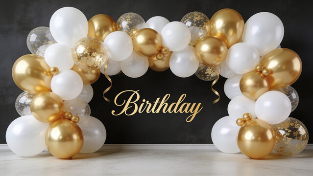 Birthday greeting card background gold and white with elegant balloon arch. Space reserved for text