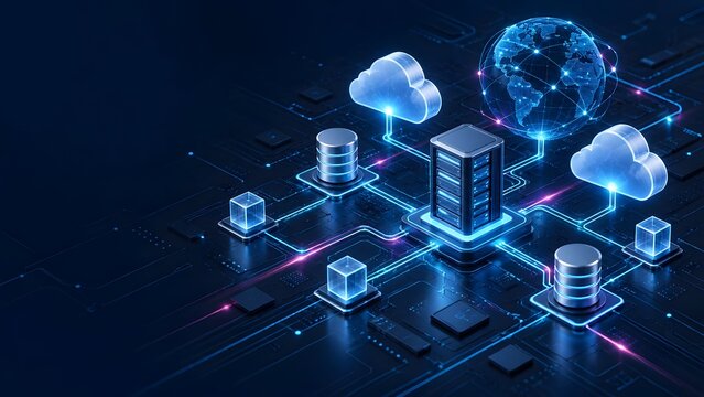 Global cloud computing network architecture featuring data center servers connecting to worldwide digital earth