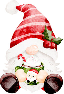 Watercolor Illustration of Cute Christmas Gnome