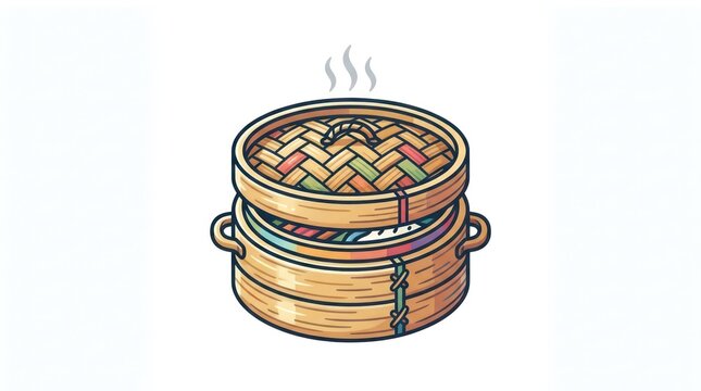 Traditional bamboo steamer basket with hot steam rising