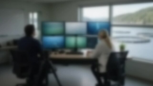 Operators watching aquaculture monitoring screens, Full Gaussian Blur Abstract