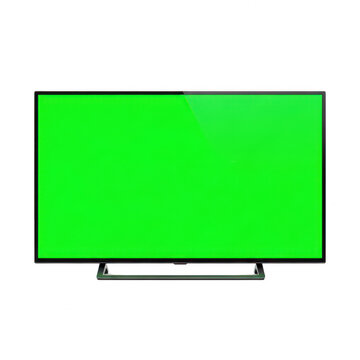 Modern LED TV with green screen display isolated on white background for video editing