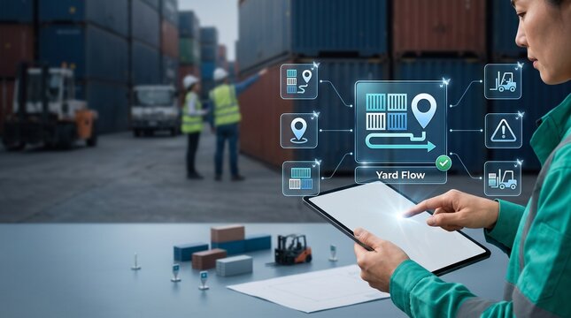 Port employee pointing toward a container stack while a specialist uses a tablet displaying a glowing holographic yard flow icon in a real container yard background