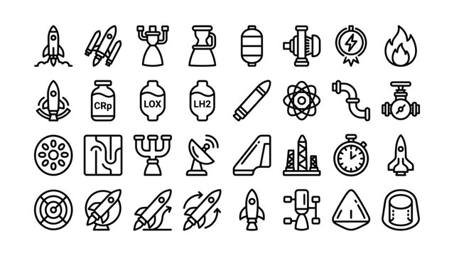 Collection of space technology and rocket launch related icons isolated on transparent background