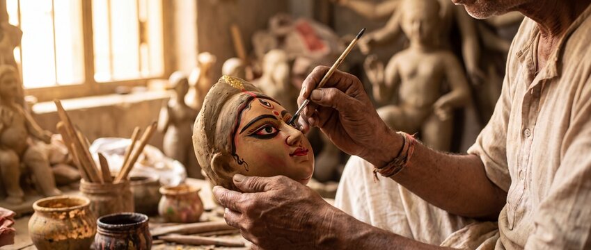 Artisan painting expressive eyes on a clay Goddess Durga idol in a traditional Kolkata workshop, handcrafted Durga Puja festival preparation banner with copy space