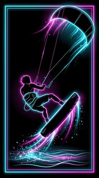 Neon kiteboarder jumping over ocean illustration