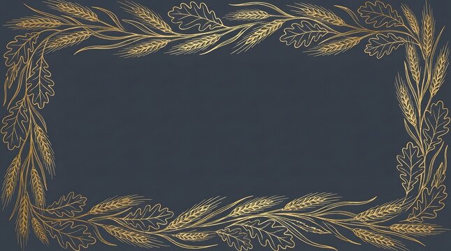 Elegant golden wheat and oak leaf decorative frame on a dark blue background. Perfect for Ocotober Festival theme 