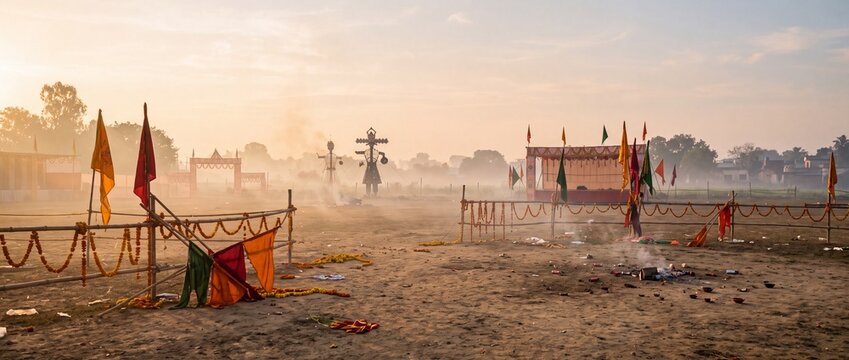 Dussehra morning aftermath on quiet festival ground at sunrise, featuring burnt Ravana effigy, lingering smoke, marigold garlands, and panoramic copy space