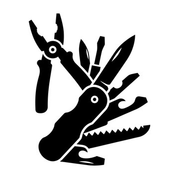 Black silhouette of a multi tool with pliers knife saw and screwdrivers on white background