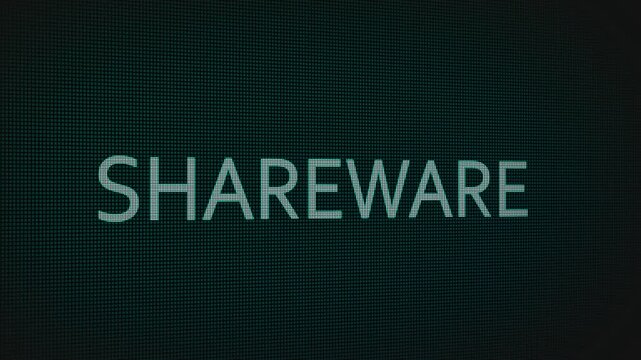 Shareware word text typing animation on a computer screen in After Effects. Motion graphics highlight software distribution, licensing, and modern digital application concepts.