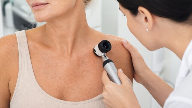 Dermatologist examining pigmentation near the collarbone and upper