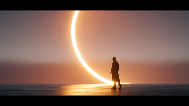 Dreamlike cinematic scene of a solitary person walking across a reflective surface beneath a giant glowing curved light, surrounded by warm atmospheric haze and light