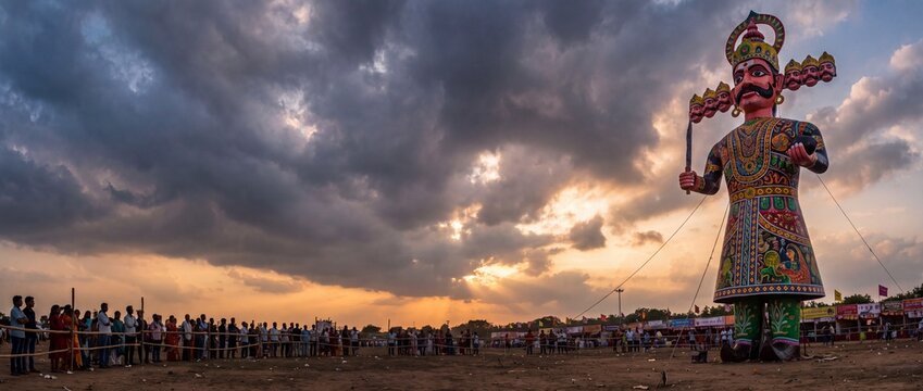 Giant Ravana Effigy on Dussehra Festival Ground at Dramatic Sunset, Indian Vijayadashami Celebration with Spectators and Copy Space for Banner