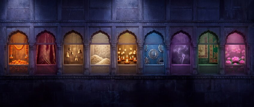 Navratri Nine Nights concept banner with glowing traditional Indian arched windows on a dark heritage stone wall, featuring festive symbolic textures for luxury celebration advertising