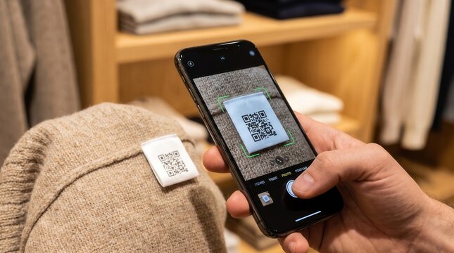 Hand holding a smartphone to scan a QR code on a clothing garment tag in a retail store, integrating digital technology with physical shopping for a smart retail customer experience.