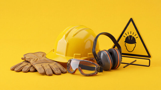Collection of personal protective equipment including hard hat, gloves, goggles, and ear defenders, with safety sign, on yellow background, representing workplace safety and construction