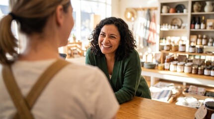 Fototapeta premium Friendly woman customer smiling at shop owner in local artisanal boutique, sharing warm customer service and community shopping experience for small business marketing and retail commerce.