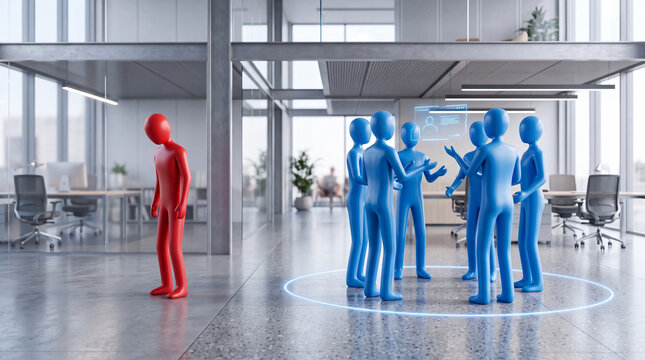 Red figure isolated from blue figures in modern office setting, symbolizing exclusion and loneliness, digital art