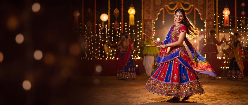 Graceful Indian woman dancing Garba with dandiya sticks during Navratri festival at night in traditional chaniya choli, panoramic festive banner with copy space
