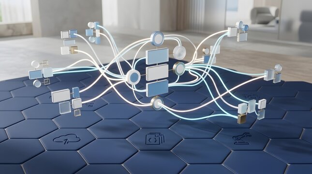 3D visualization of a multi-agent AI system architecture with glowing nodes and digital data flow on a blue hexagonal surface for technology and neural network concepts.