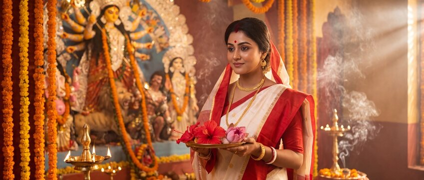 Bengali woman in traditional red and white saree holding flower offering during Durga Puja festival inside decorative pandal, panoramic religious celebration banner with copy space