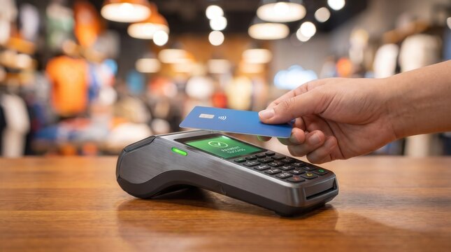 Person tapping blue credit card on contactless POS terminal for successful payment in retail store, showcasing seamless fintech transaction and digital banking for retail business marketing.